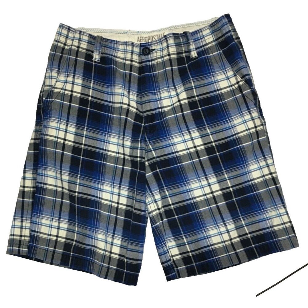Aeropostale Chino Shorts Men's Blue Plaid Preppy Casual Tag 32 FIT 35 x 11.5